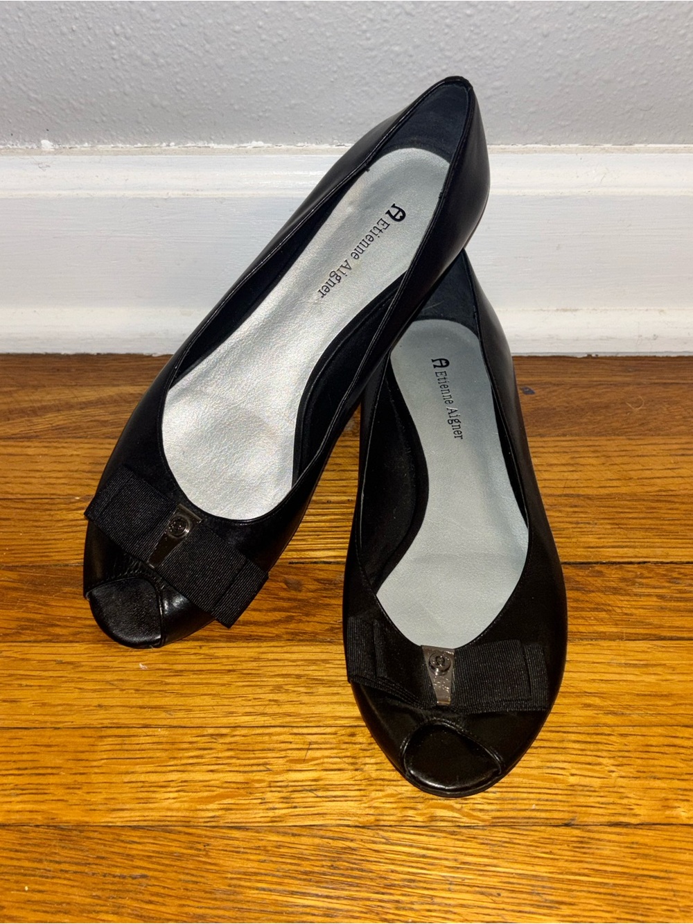 Étienne Aigner Black Leather Peep Toe Shoes Size 7.5